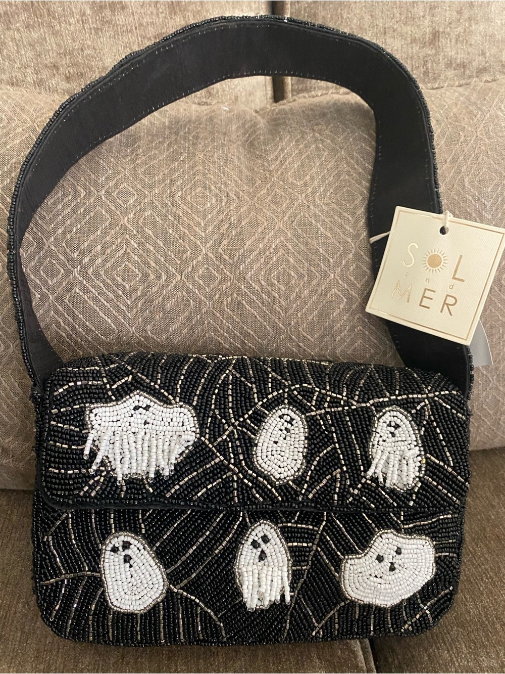 SOL & MER Black Beaded Shoulder Bag with White Ghost Motifs